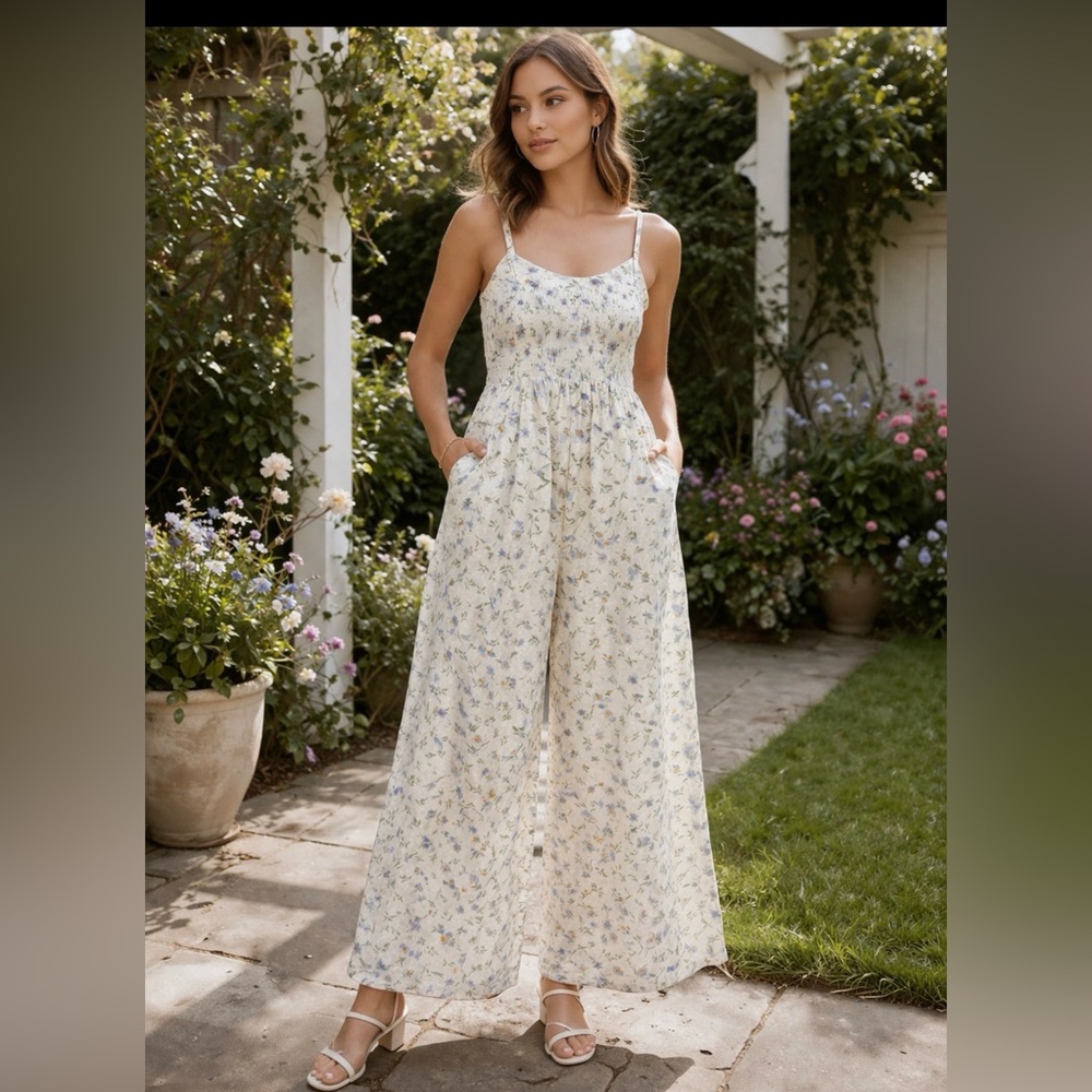 Old navy linen blend Floral Cream Wide-Leg Jumpsuit